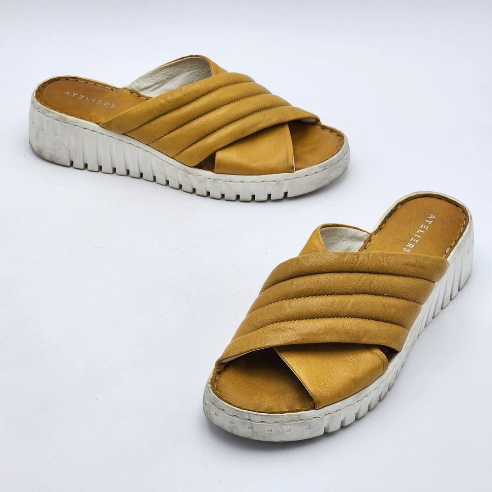 Ateliers Rimini Leather Platform Wedge Sandals Gold Yellow Size 41 EU 10.5 US